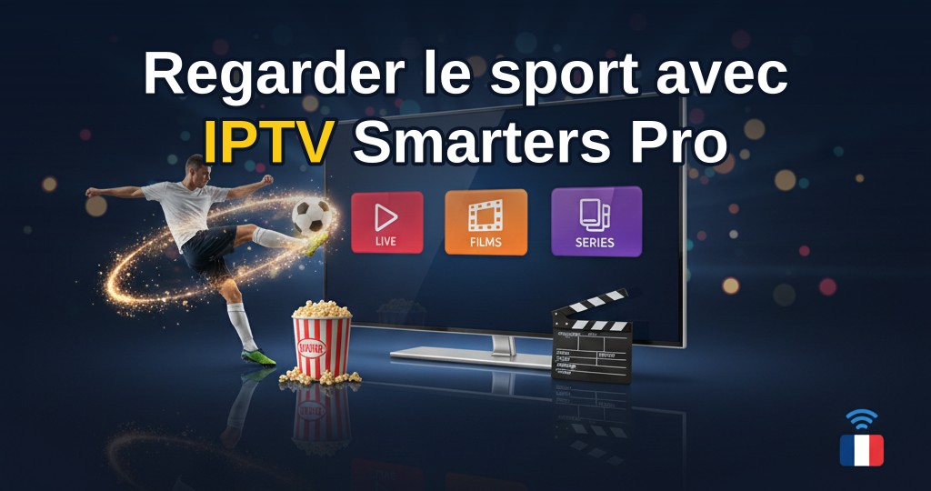 Personne regardant un match de football en streaming 4K sur un grand écran avec l'interface IPTV Smarters Pro