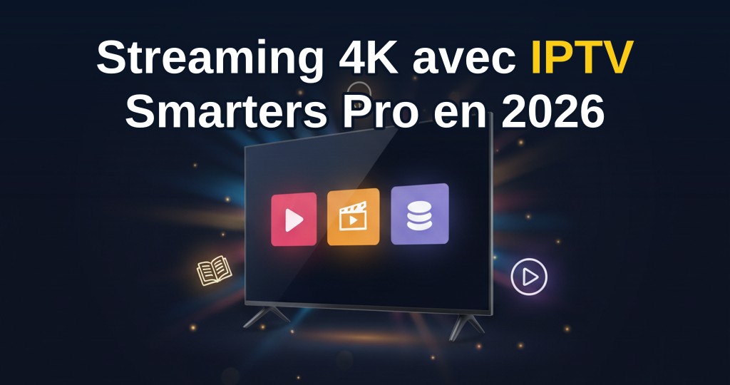 Interface IPTV Smarters Pro affichant une chaîne 4K sur un écran de télévision avec une télécommande.